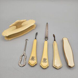 Antique Monogrammed Vanity Set Buffers File Button Hook Cuticle Pushers 6 Pc